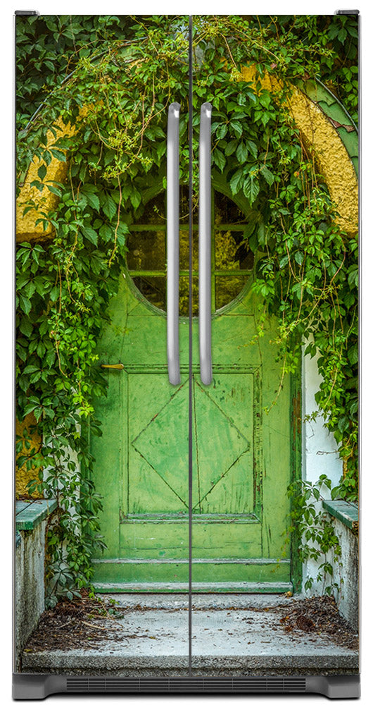 Cozy Cottage Green Door Magnet Skin on Model Type Side by Side Refrigerator