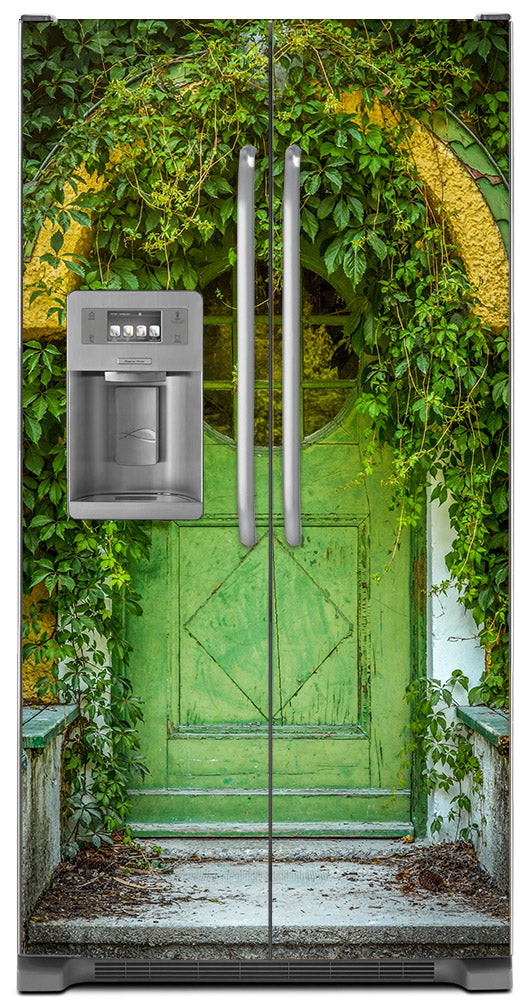 Cozy Cottage Green Door Magnet Skin on Model Type Side by Side Refrigerator with Ice Maker Water Dispenser