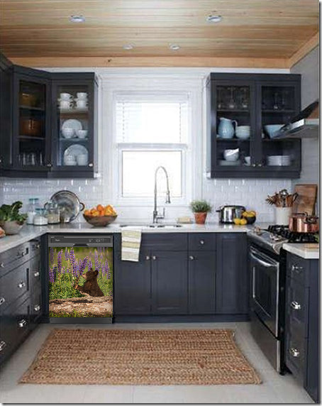 Dark Gray Kitchen Cabinets with White Marble Countertop Against White Walls Window Behind Sink Bear Cub Smelling Flowers Magnet Skin on Dishwasher Black Control Panel (2)