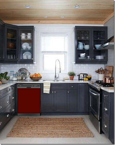  Dark Gray Kitchen Cabinets with White Marble Countertop Against White Walls Window Behind Sink Burgundy Maroon Magnet Skin on Dishwasher Black Control Panel 