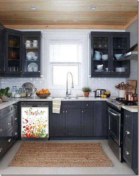 Dark Gray Kitchen Cabinets with White Marble Countertop Against White Walls Window Behind Sink Market Fresh Magnet Skin on Dishwasher Black Control Panel