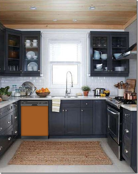  Dark Gray Kitchen Cabinets with White Marble Countertop Against White Walls Window Behind Sink Metal Copper Magnet Skin on Dishwasher Black Control Panel 