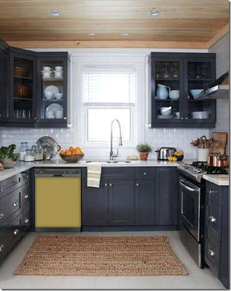  Dark Gray Kitchen Cabinets with White Marble Countertop Against White Walls Window Behind Sink Olympic Gold Magnet Skin on Dishwasher Black Control Panel 