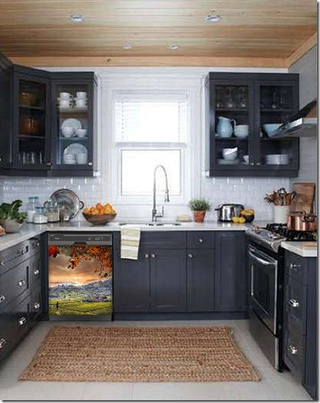 Dark Gray Kitchen Cabinets with White Marble Countertop Against White Walls Window Behind Sink Quiet Country Magnet Skin on Dishwasher Black Control Panel