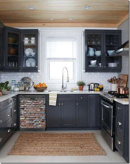 Dark Gray Kitchen Cabinets with White Marble Countertop Against White Walls Window Behind Sink Reclaimed Bricks Magnet Skin on Dishwasher Black Control Panel