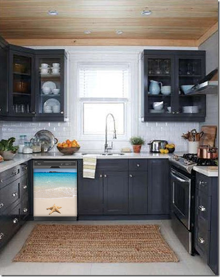 Dark Gray Kitchen Cabinets with White Marble Countertop Against White Walls Window Behind Sink Starfish On Beach Magnet Skin on Dishwasher Black Control Panel
