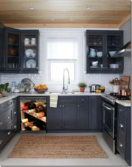 Dark Gray Kitchen Cabinets with White Marble Countertop Against White Walls Window Behind Sink Wine Rack Magnet Skin on Dishwasher Black Control Panel