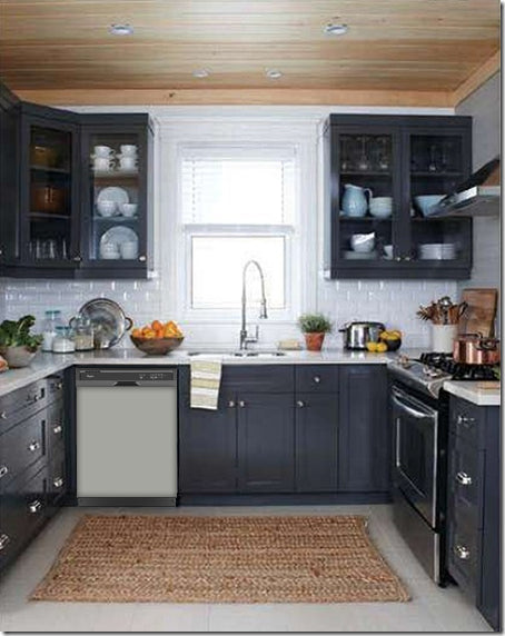  Dark Gray Kitchen Cabinets with White Marble Countertop Stone Gray Magnet Skin on Dishwasher with Black Control Panel 