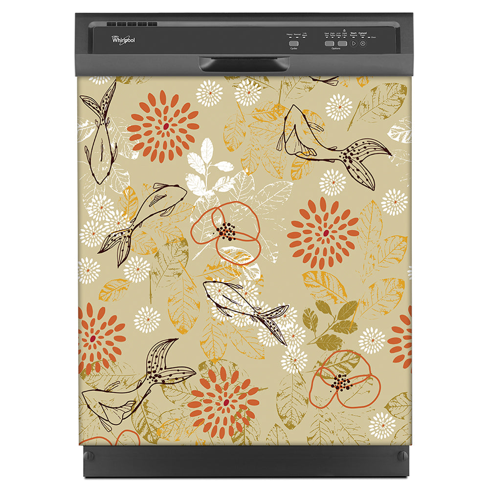 Elegant Fish & Pattern Designs Magnetic Dishwasher Cover Skin Panel on Dishwasher with Black Control Panel