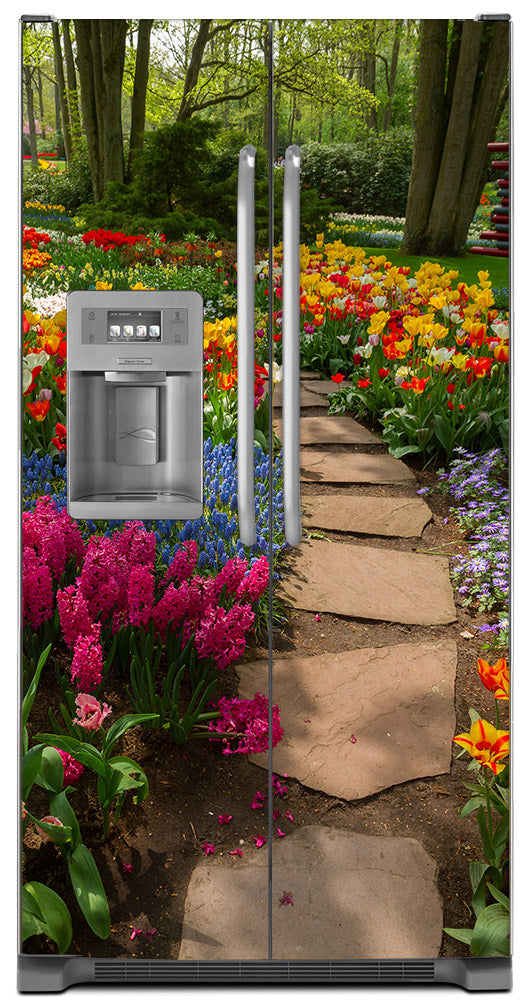 Flower Path Magnet Skin on Model Type Side by Side Refrigerator with Ice Maker Water Dispenser