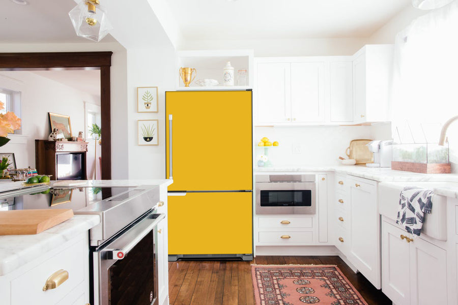  Full Kitchen Layout Wood Floors Shoolbus Yellow Magnet Skin on Refrigerator Model Type Bottom Freezer Next to Recessed Microwave Surrounding White Cabinets and White Countertop 