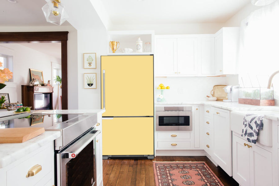 Full Kitchen Layout Wood Floors Vanilla Cream Magnet Skin on Refrigerator Model Type Bottom Freezer Next to Recessed Microwave Surrounding White Cabinets and White Countertop 