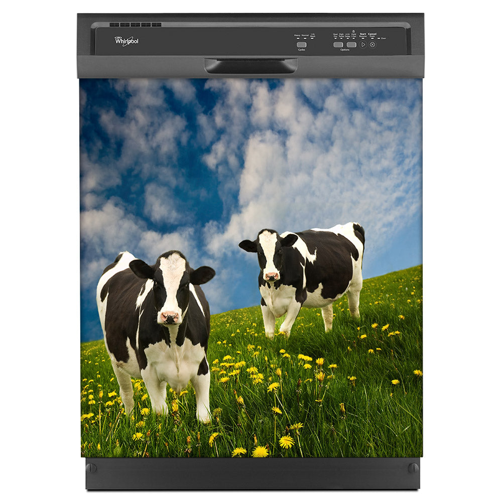 Grazing Cows Magnet Skin on Black Dishwasher