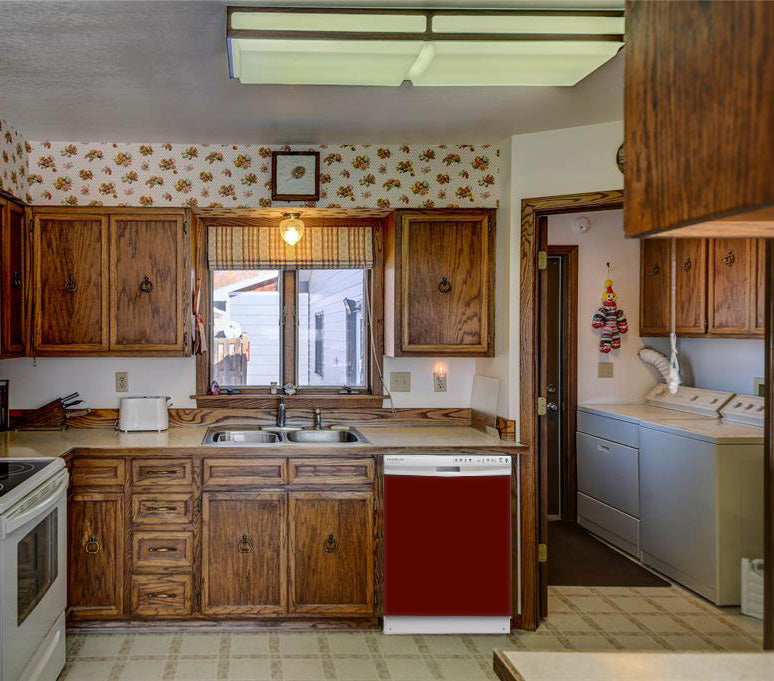  Kitchen Brown Wood Cabinets Recessed Stove & Oven Burgundy Maroon Magnet Skin on Dishwasher White Control Panel Next to Sink 