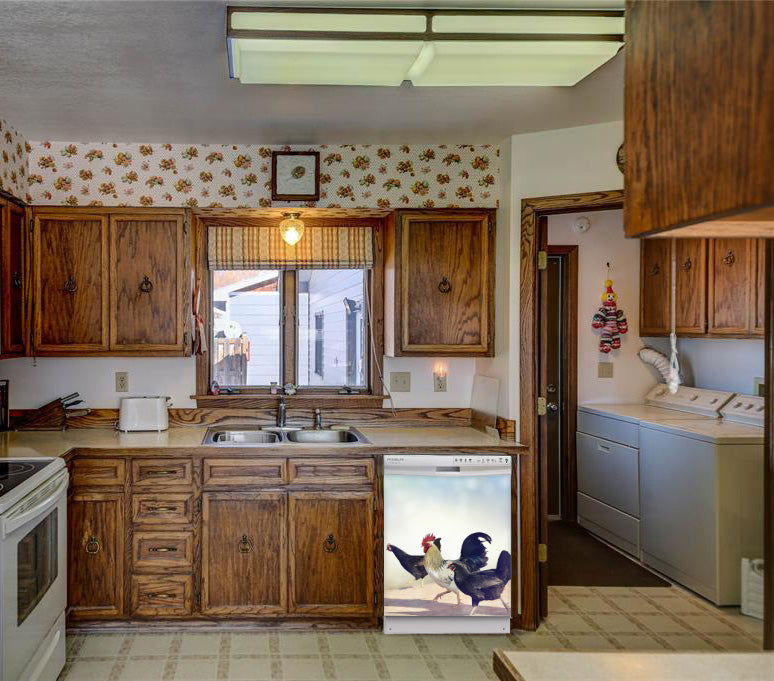 Kitchen Brown Wood Cabinets Recessed Stove & Oven Chickens on the Run Magnet Skin on Dishwasher White Control Panel Next to Sink