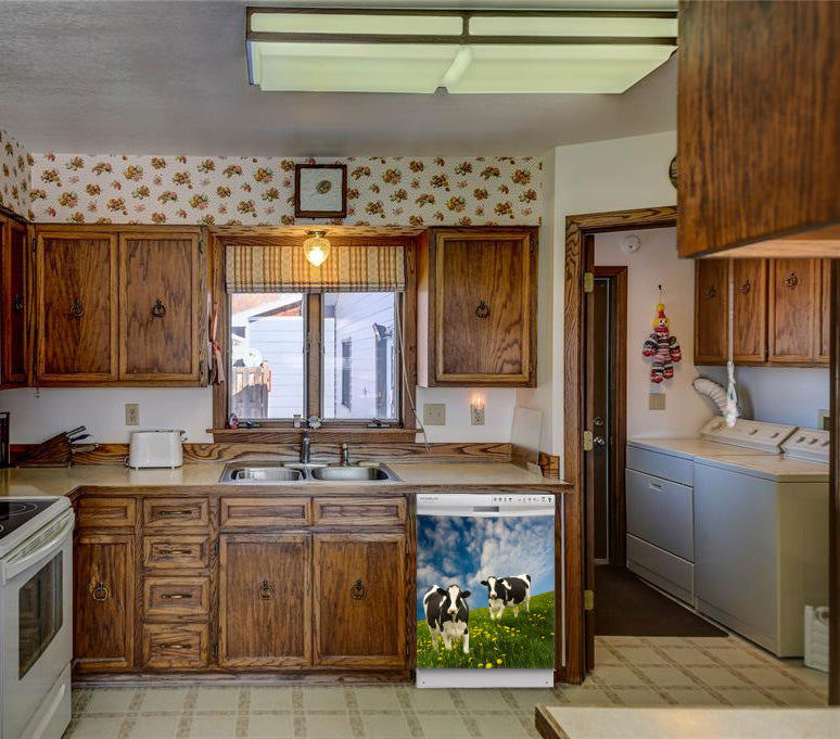 Kitchen Brown Wood Cabinets Recessed Stove & Oven Grazing Cows Magnet Skin on Dishwasher White Control Panel Next to Sink