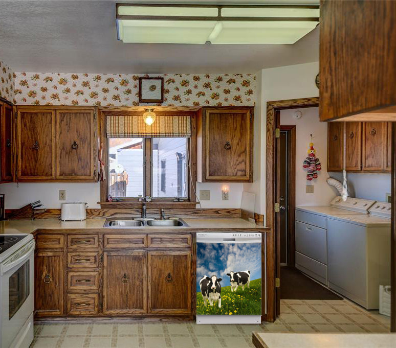  Kitchen Brown Wood Cabinets Recessed Stove & Oven Grazing Cows Magnet Skin on Dishwasher White Control Panel Next to Sink 