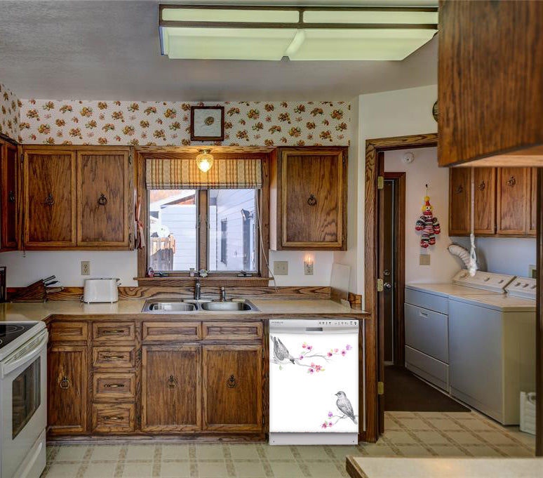 Kitchen Brown Wood Cabinets Recessed Stove & Oven Song Birds Magnet Skin on Dishwasher White Control Panel Next to Sink