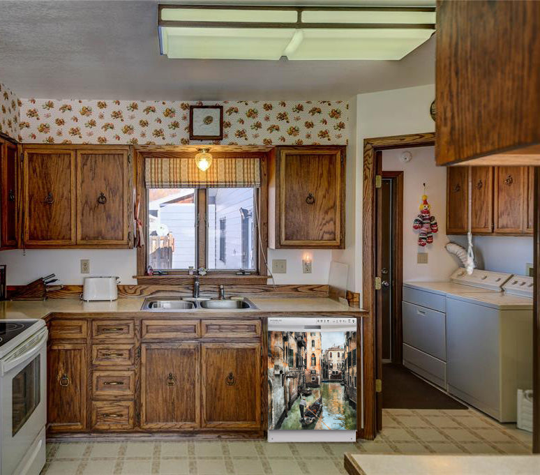 Kitchen Brown Wood Cabinets Recessed Stove & Oven Venice Canals Magnet Skin on Dishwasher White Control Panel Next to Sink