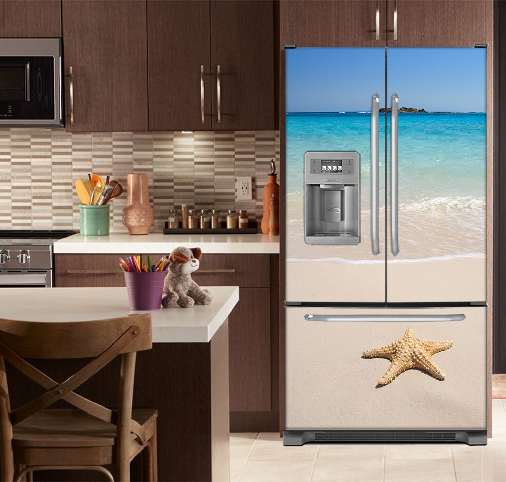 Kitchen with Brown Cabinets Ivory Counter Top Starfish on Beach Magnet Skin on French Door Refrigerator with Ice Maker