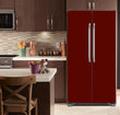 Load image into Gallery viewer, Kitchen with Brown Cabinets Ivory Countertop Burgundy Maroon Magnet Skin on Refrigerator Model Type Bottom Freezer
