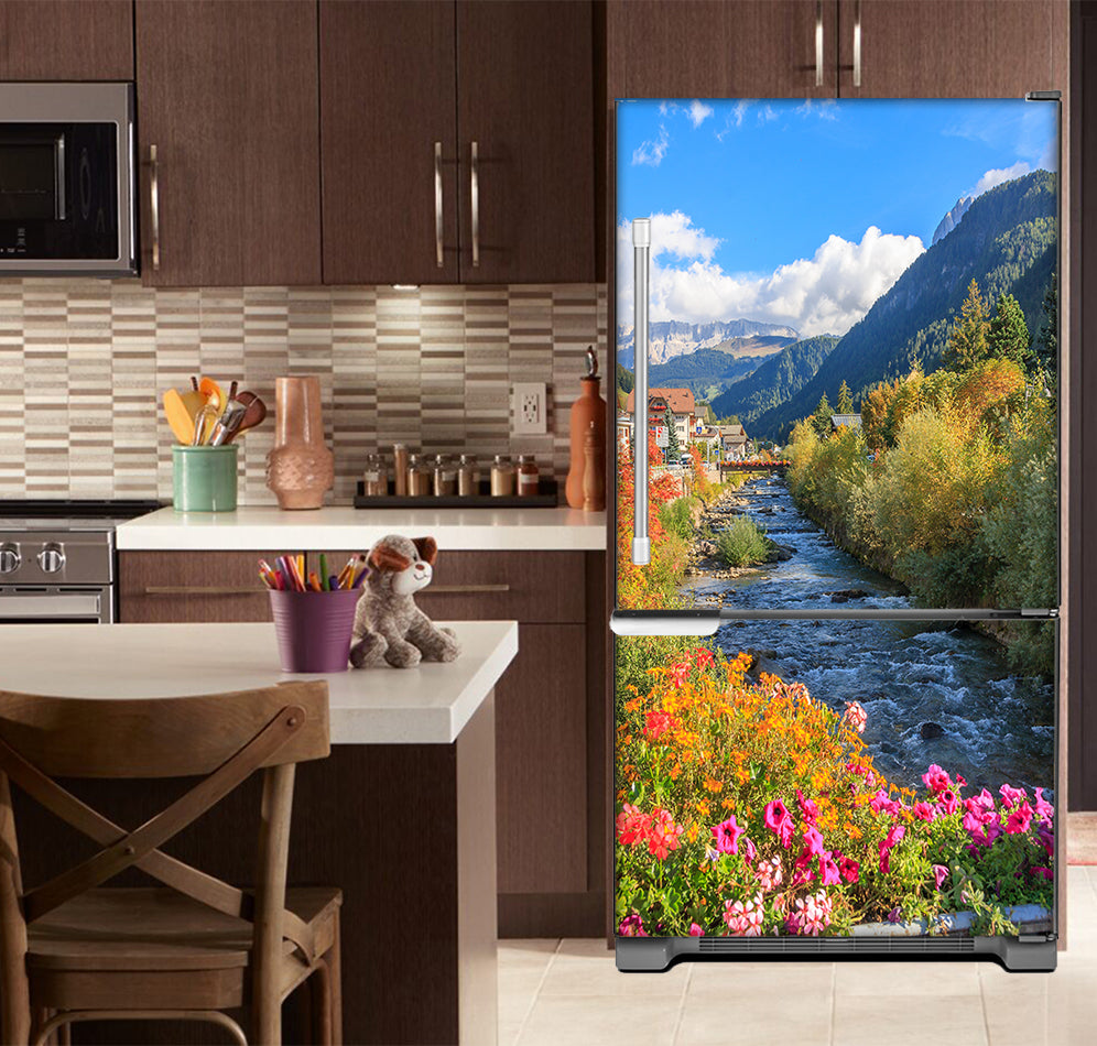 Kitchen with Brown Cabinets Ivory Countertop Flowers Along a Stream Magnetic Fridge Wrap Skin Panel on Model Type Fridge Bottom Freezer Refrigerator