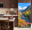 Load image into Gallery viewer, Kitchen with Brown Cabinets Ivory Countertop Flowers Along a Stream Magnetic Fridge Wrap Skin Panel on Model Type Fridge Bottom Freezer Refrigerator
