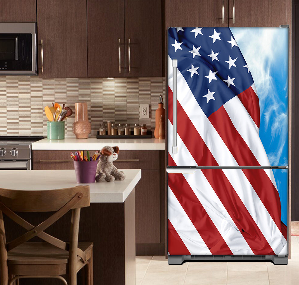 Kitchen with Brown Cabinets Ivory Counter top Majestic Flag USA Magnet Skin on Refrigerator Model Type Bottom Freezer