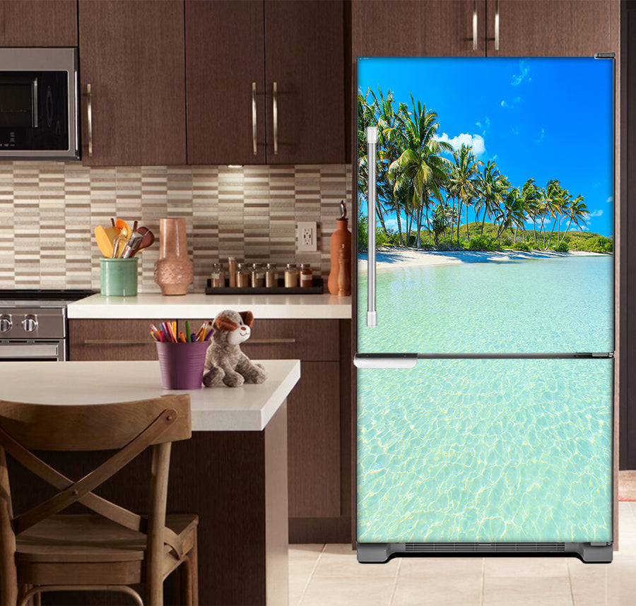  Kitchen with Brown Cabinets Ivory Countertop Paradise Island Magnetic Fridge Wrap Skin Panel on Model Type Fridge Bottom Freezer Refrigerator 