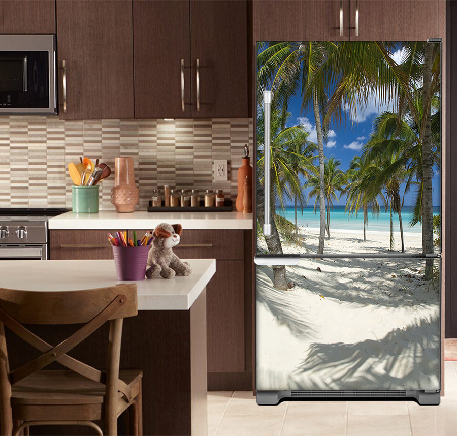  Kitchen with Brown Cabinets Ivory Countertop Sandy Beach Path Magnetic Fridge Wrap Skin Panel on Model Type Fridge Bottom Freezer Refrigerator 