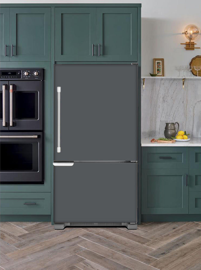  Kitchen with Evergreen Cabinets Light Color Wood Floor Battleship Gray Magnet Skin on Model Type Bottom Freezer Refrigerator Next to Black Double Oven 