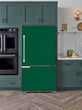 Load image into Gallery viewer, Kitchen with Evergreen Cabinets Light Color Wood Floor Forest Green Magnet Skin on Model Type Bottom Freezer Refrigerator Next to Black Double Oven
