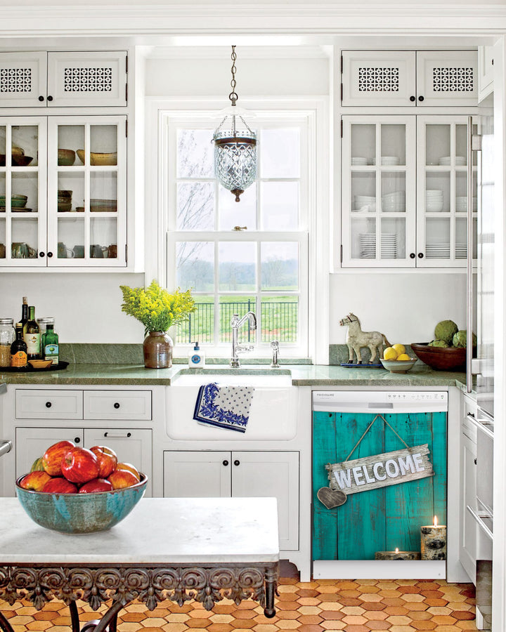  Kitchen with White Cabinets Green Countertop Terra Cotta Floor Kitchen Sink with Window next to Always Welcome Inspiration Magnet Skin on Dishwasher with White Control Panel 