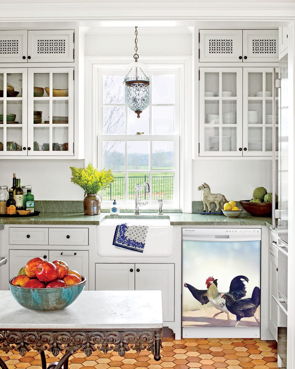 Kitchen with White Cabinets Green Countertop Terra Cotta Floor Kitchen Sink with Window next to Chickens On The Run Magnet Skin on Dishwasher with White Control Panel