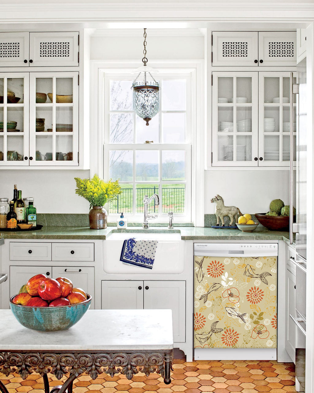 Kitchen with White Cabinets Green Countertop Terra Cotta Floor Kitchen Sink with Window next to Elegant Fish & Pattern Designs Dishwasher Cover Skin on Dishwasher with White Control Panel