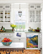 Load image into Gallery viewer, Kitchen with White Cabinets Green Countertop Terra Cotta Floor Kitchen Sink with Window next to Flowers Along a Stream Magnetic Dishwasher Cover Skin on Dishwasher with White Control Panel
