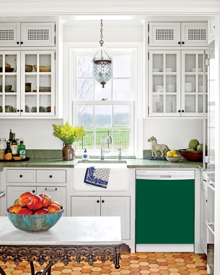  Kitchen with White Cabinets Green Countertop Terra Cotta Floor Kitchen Sink with Window next to Forest Green Magnet Skin on Dishwasher with White Control Panel 