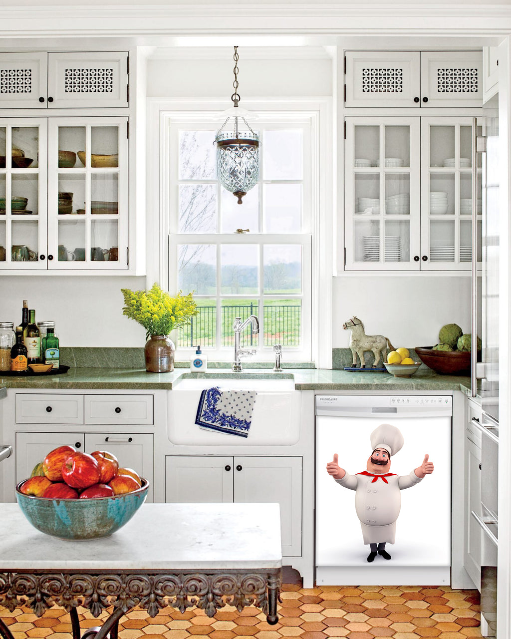 Kitchen with White Cabinets Green Countertop Terra Cotta Floor Kitchen Sink with Window next to Happy Chef Magnetic Dishwasher Cover Skin on Dishwasher with White Control Panel