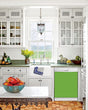 Load image into Gallery viewer, Kitchen with White Cabinets Green Countertop Terra Cotta Floor Kitchen Sink with Window next to Lime Green Magnet Skin on Dishwasher with White Control Panel

