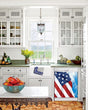 Load image into Gallery viewer, Kitchen with White Cabinets Green Countertop Terra Cotta Floor Kitchen Sink with Window next to Majestic USA Flag Magnet Skin on Dishwasher with White Control Panel

