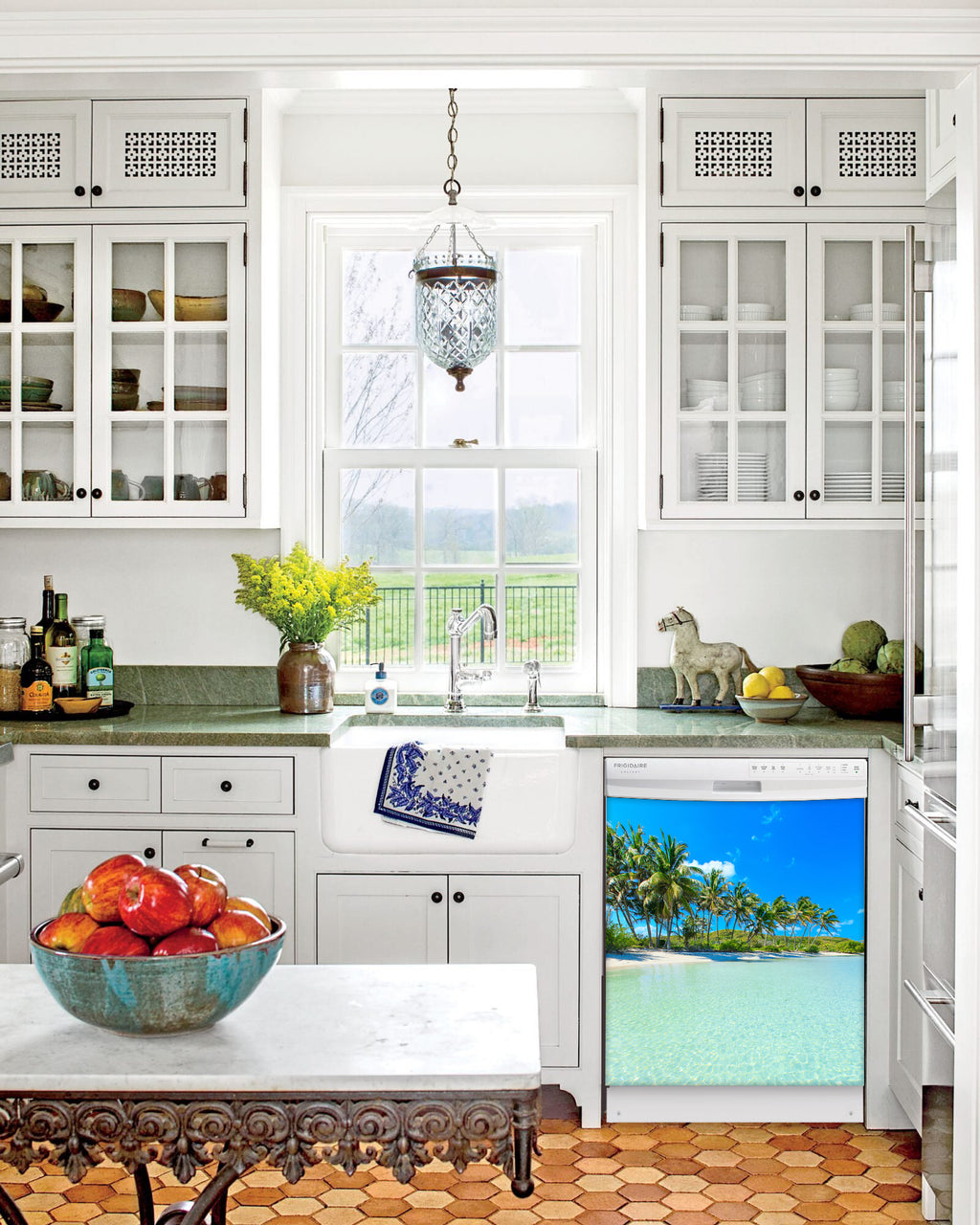 Kitchen with White Cabinets Green Countertop Terra Cotta Floor Kitchen Sink with Window next to Paradise Island Magnetic Dishwasher Cover Skin on Dishwasher with White Control Panel