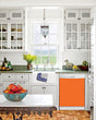 Load image into Gallery viewer, Kitchen with White Cabinets Green Countertop Terra Cotta Floor Kitchen Sink with Window next to Tangerine Orange Magnet Skin on Dishwasher with White Control Panel
