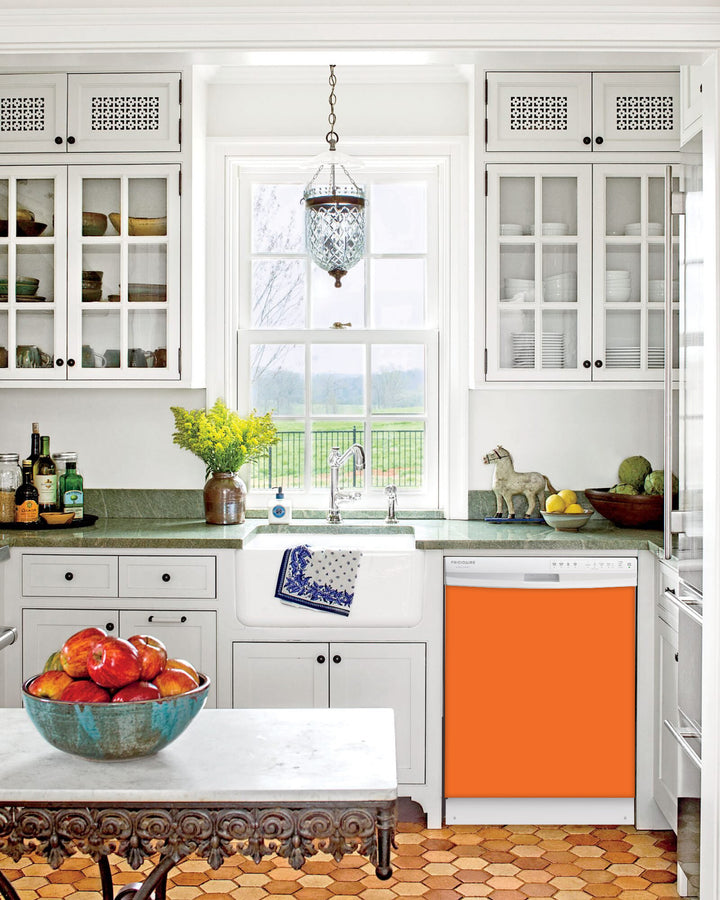  Kitchen with White Cabinets Green Countertop Terra Cotta Floor Kitchen Sink with Window next to Tangerine Orange Magnet Skin on Dishwasher with White Control Panel 
