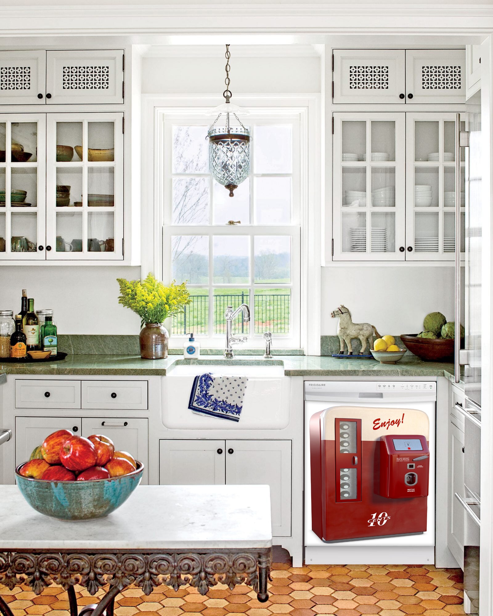 Kitchen with White Cabinets Green Countertop Terra Cotta Floor Kitchen Sink with Window next to Vintage Vending Machine Magnetic Dishwasher Cover Skin on Dishwasher with White Control Panel