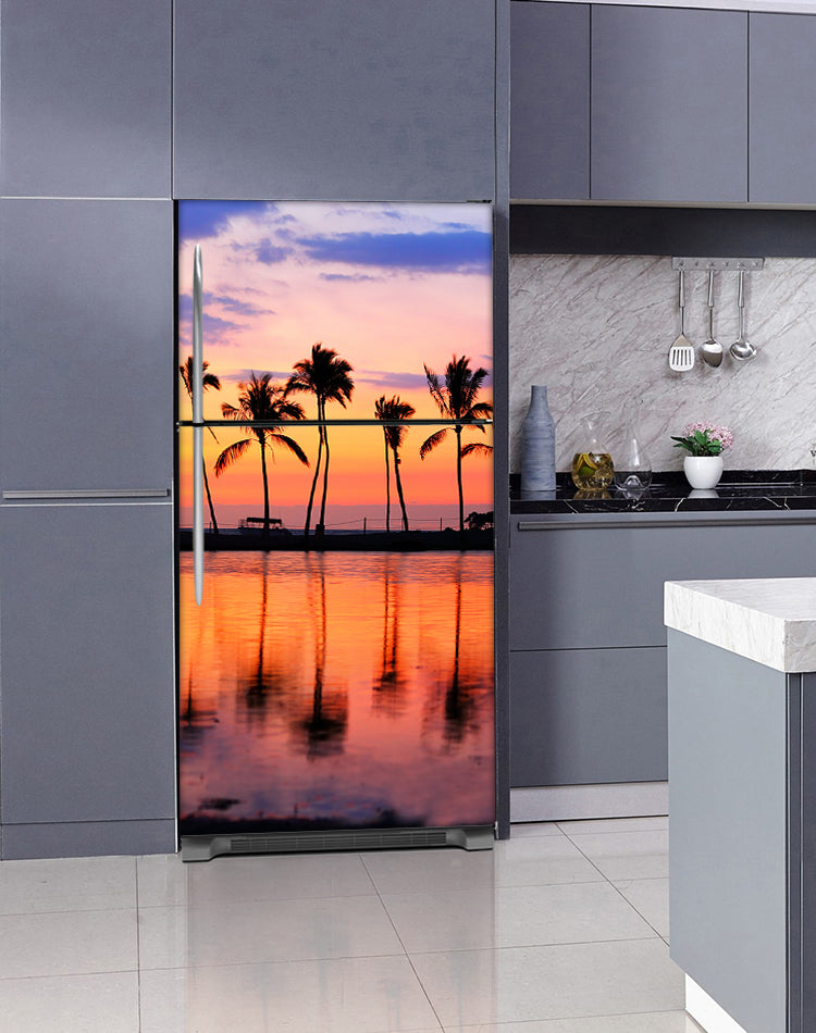 Lavender Kitchen Cabinets Insert Sunset Palm Trees Magnet Skin on Fridge Model Type Top Freezer with White Marble Floors