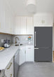 Load image into Gallery viewer, Narrow White Kitchen with Corner Sink White Cabinets Battleship Gray Magnet Skin on Model Type Bottom Freezer Refrigerator
