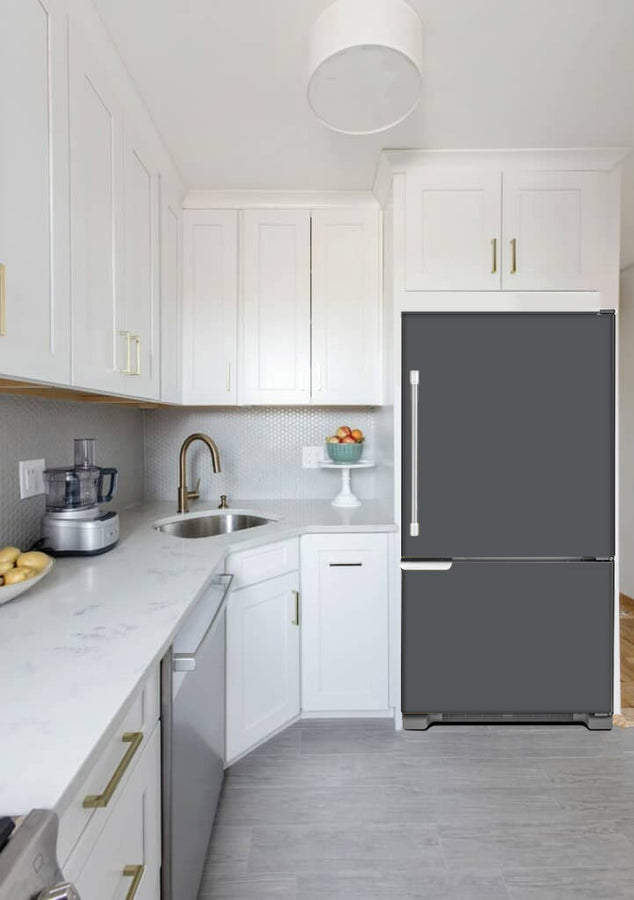  Narrow White Kitchen with Corner Sink White Cabinets Battleship Gray Magnet Skin on Model Type Bottom Freezer Refrigerator 