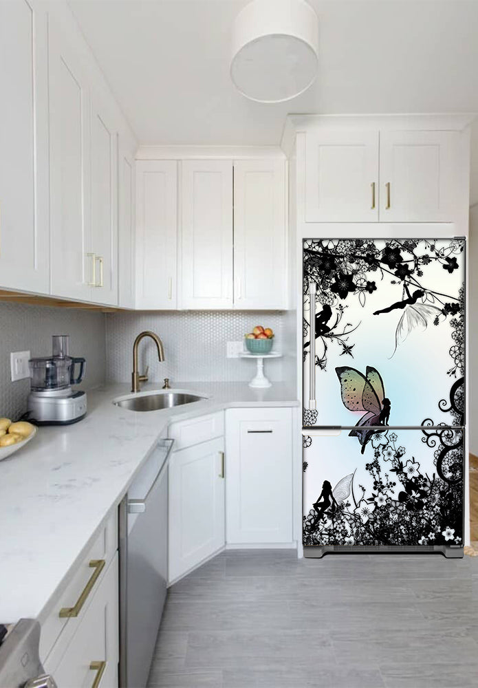 Narrow White Kitchen with Corner Sink White Cabinets Delightful Fairies Magnet Skin on Refrigerator