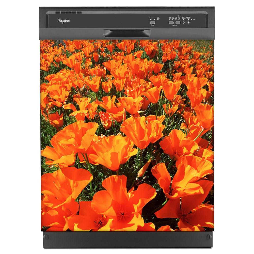 Orange Poppies Magnet Skin on Black Dishwasher