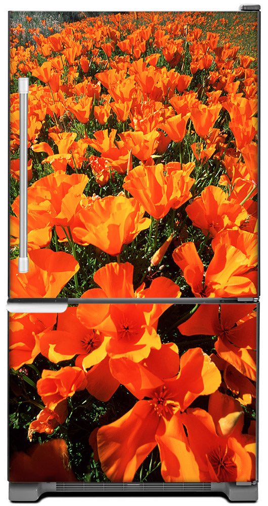 Orange Poppies Magnet Skin on Model Type Bottom Freezer Refrigerator
